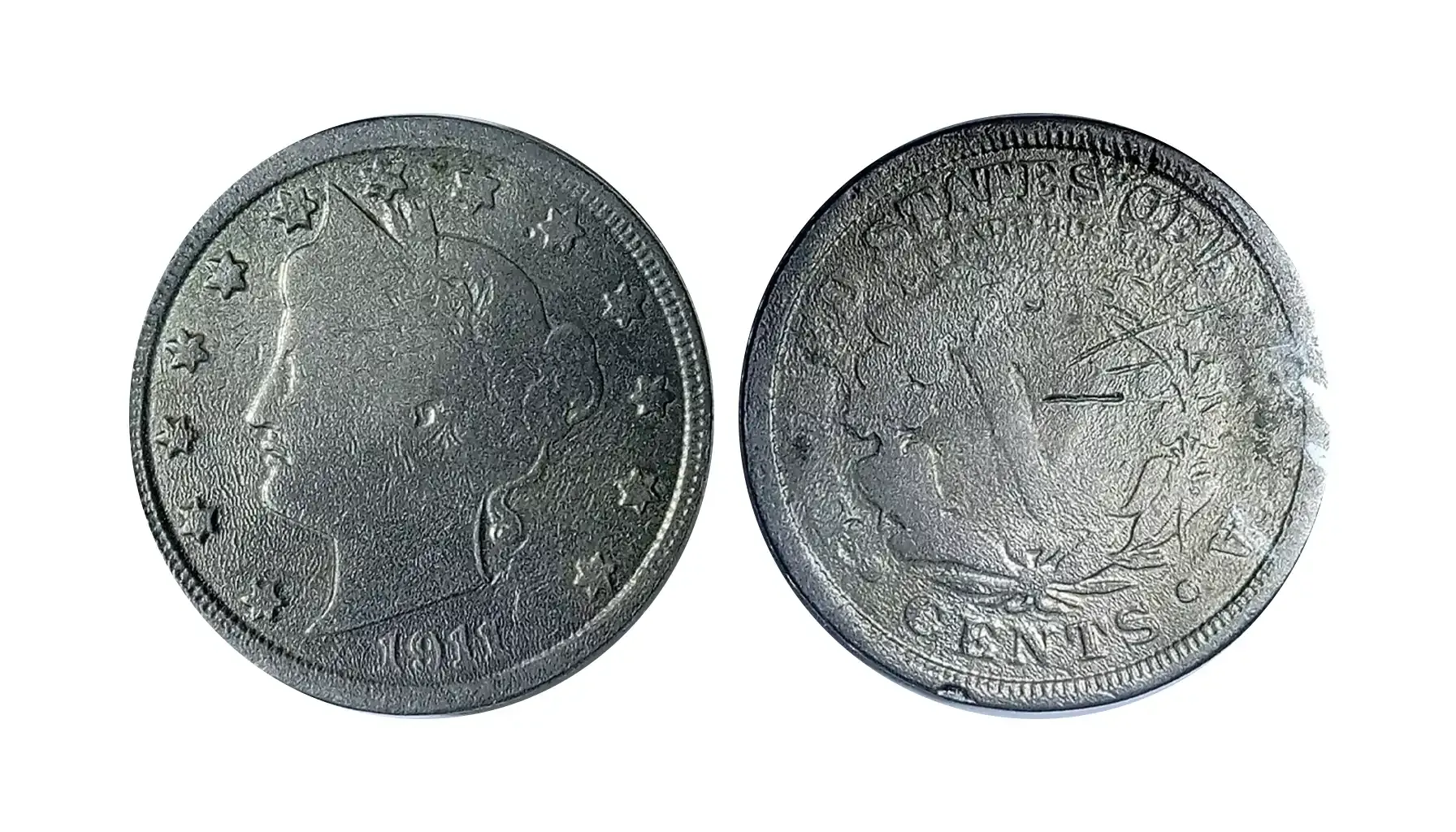 1911 Liberty Head Nickel off-center strike error showing shifted design and blank planchet area