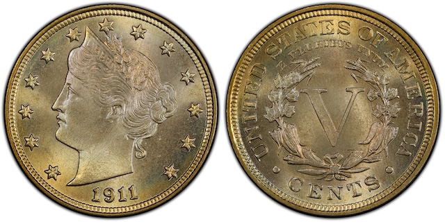 1911 Liberty Head Nickel grading strip showing Good, Fine, Extremely Fine, and Mint State condition tiers side by side